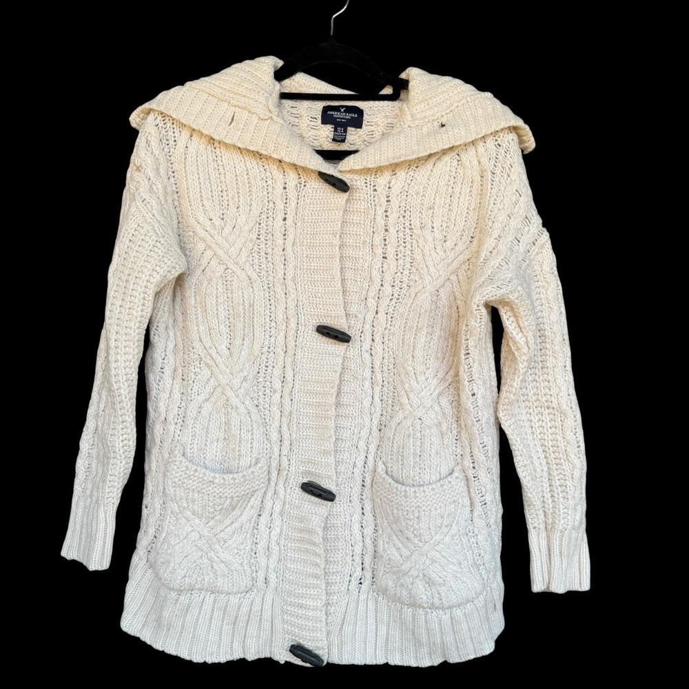 American Eagle Outfitters Cardigan Sweater Womens XS Cream Hooded Cable Knit
